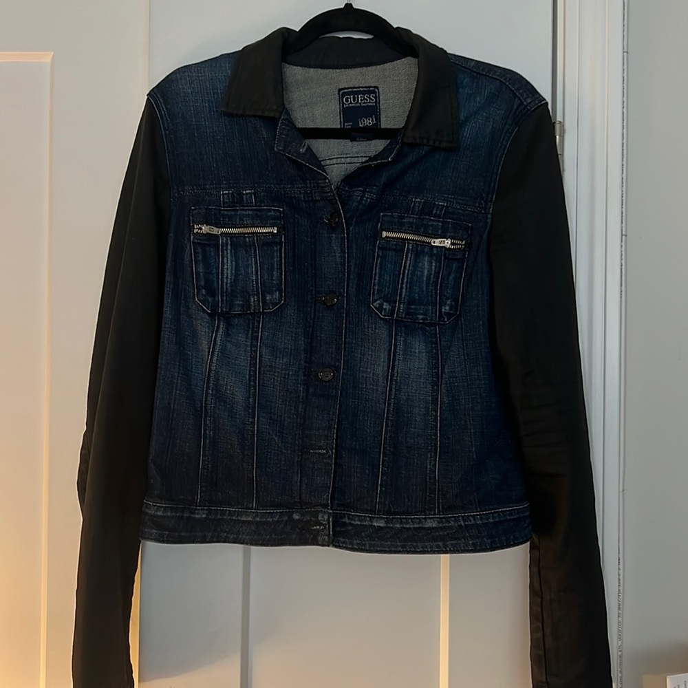 Denim guess jacket with coated sleeves